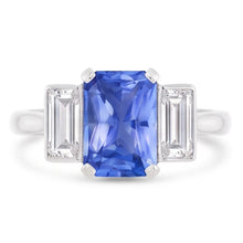 Three Stone Radiant Sapphire & Baguette Natural Earth Mined Diamond Ring 3.50 Carats Gold