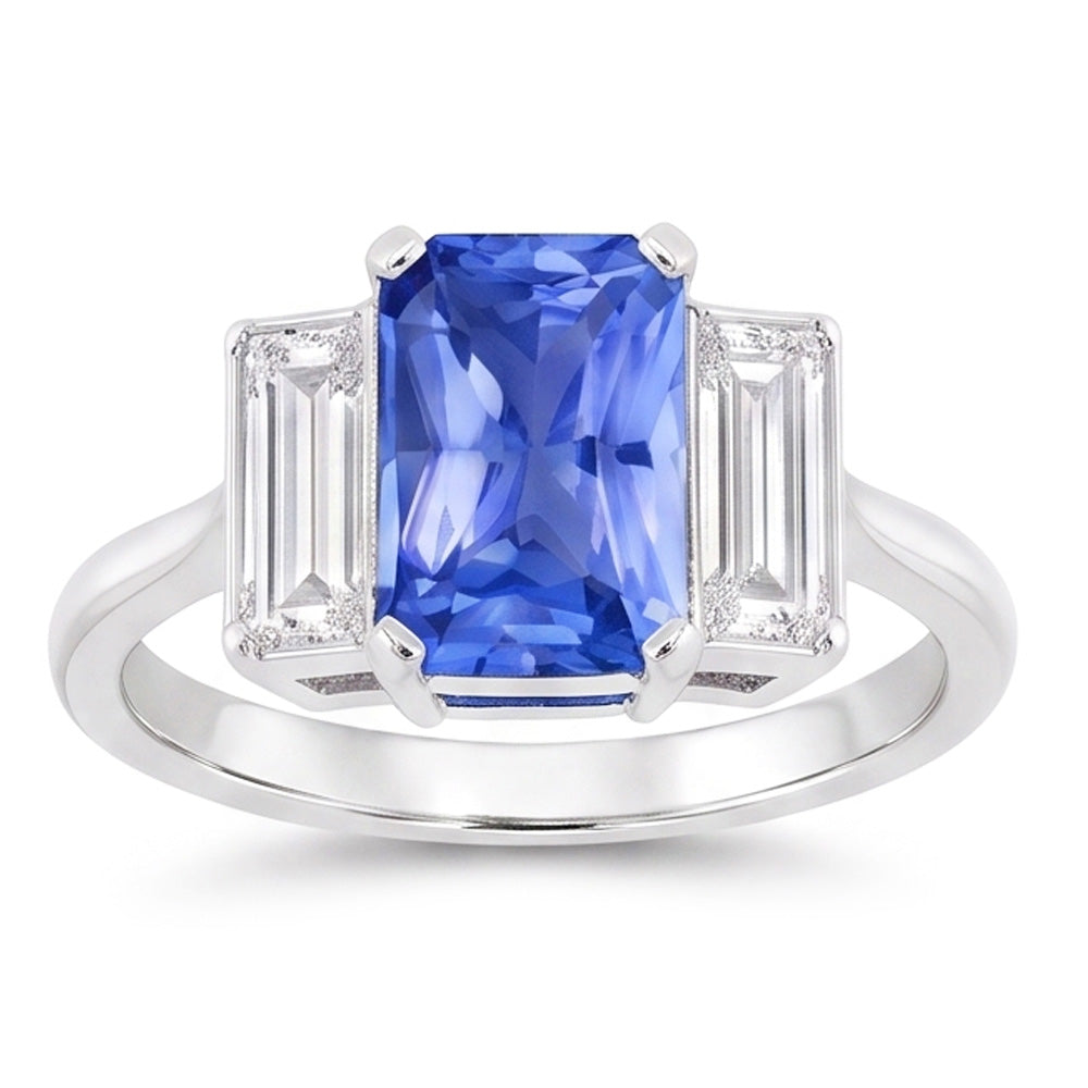Three Stone Radiant Sapphire & Baguette Natural Earth Mined Diamond Ring 3.50 Carats Gold