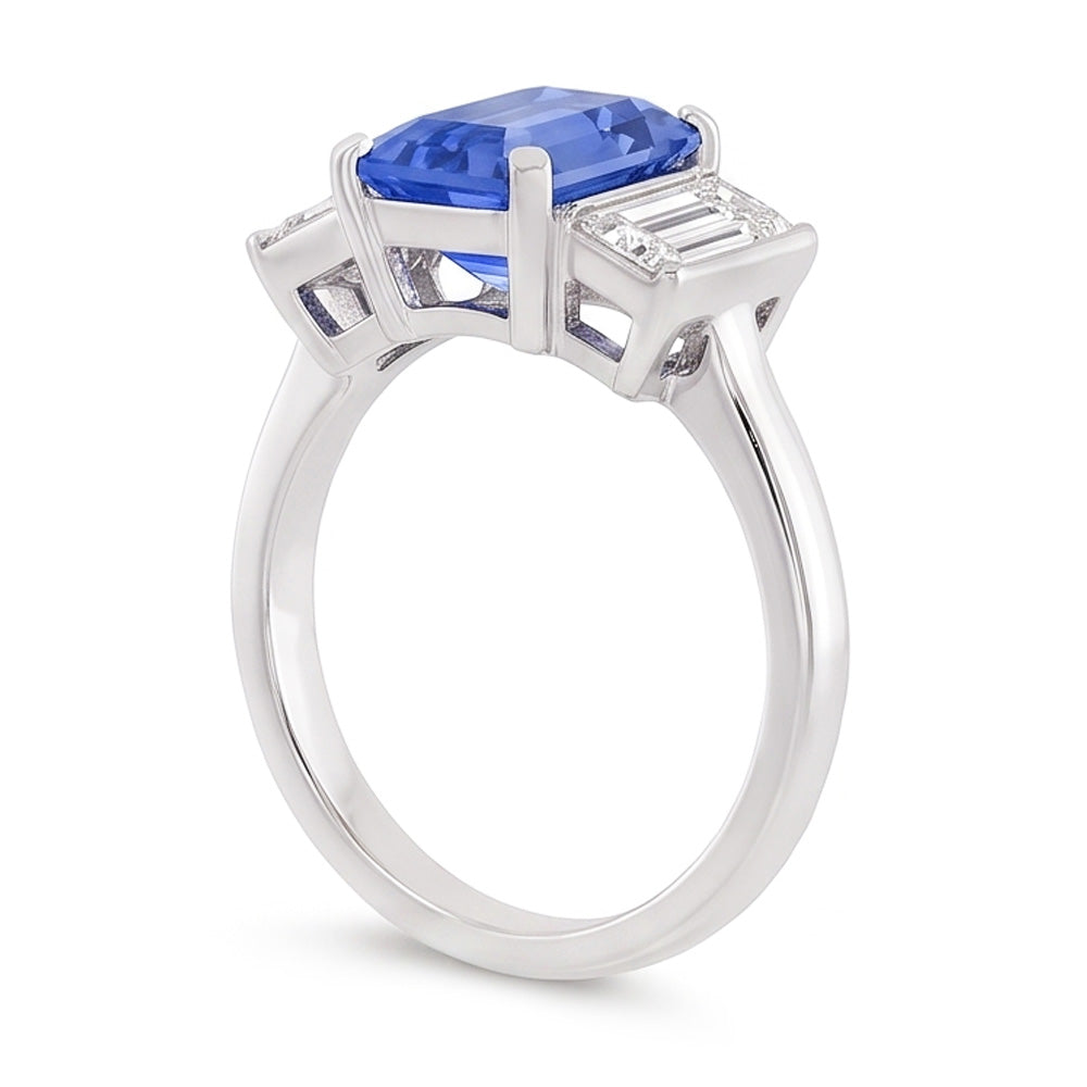 Three Stone Radiant Sapphire & Baguette Natural Earth Mined Diamond Ring 3.50 Carats Gold