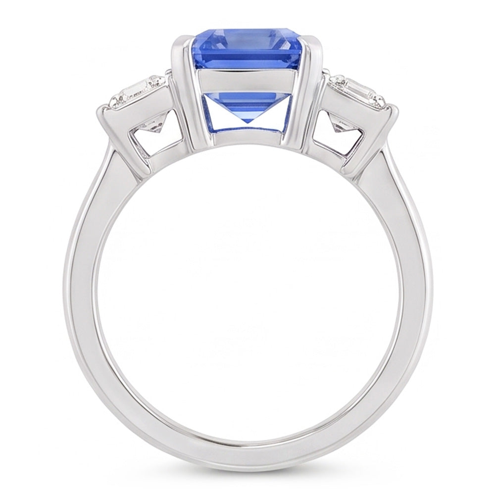 Three Stone Radiant Sapphire & Baguette Natural Earth Mined Diamond Ring 3.50 Carats Gold