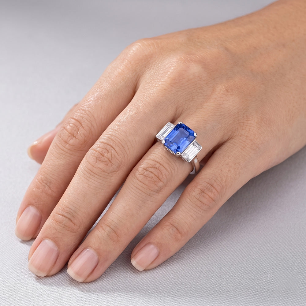 Three Stone Radiant Sapphire & Baguette Natural Earth Mined Diamond Ring 3.50 Carats Gold