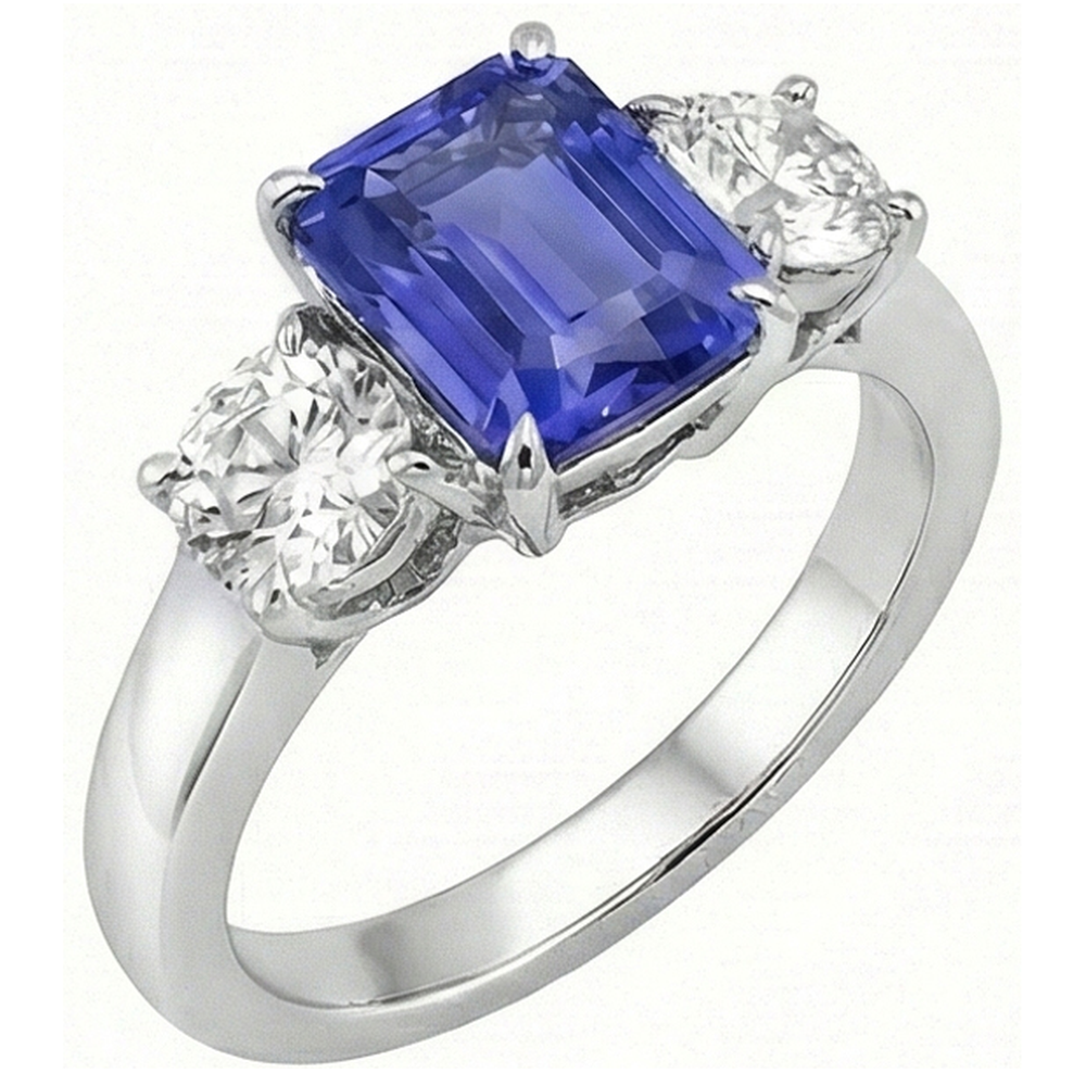 Three Stone Ring Antique Style Emerald Ceylon Sapphire 3 Carats