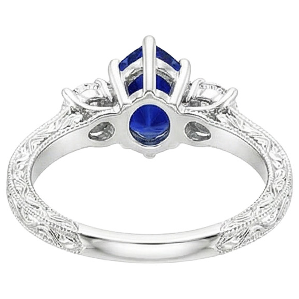 Three Stone Ring Antique Style Pear Blue Sapphire & Natural Earth Mined Diamonds 5 Carats