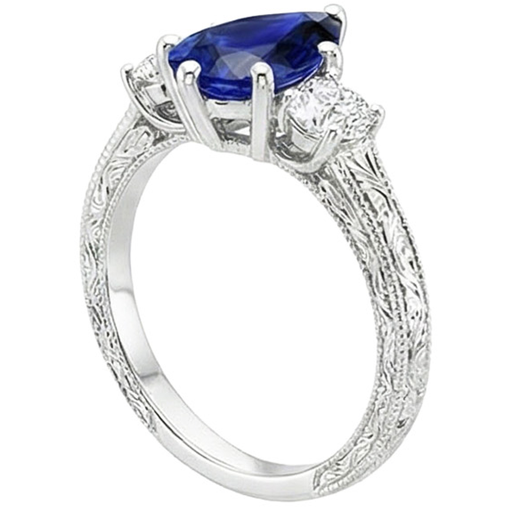 Three Stone Ring Antique Style Pear Blue Sapphire & Natural Earth Mined Diamonds 5 Carats