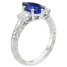 Three Stone Ring Antique Style Pear Blue Sapphire & Natural Earth Mined Diamonds 5 Carats