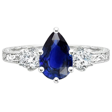 Three Stone Ring Antique Style Pear Blue Sapphire & Natural Earth Mined Diamonds 5 Carats