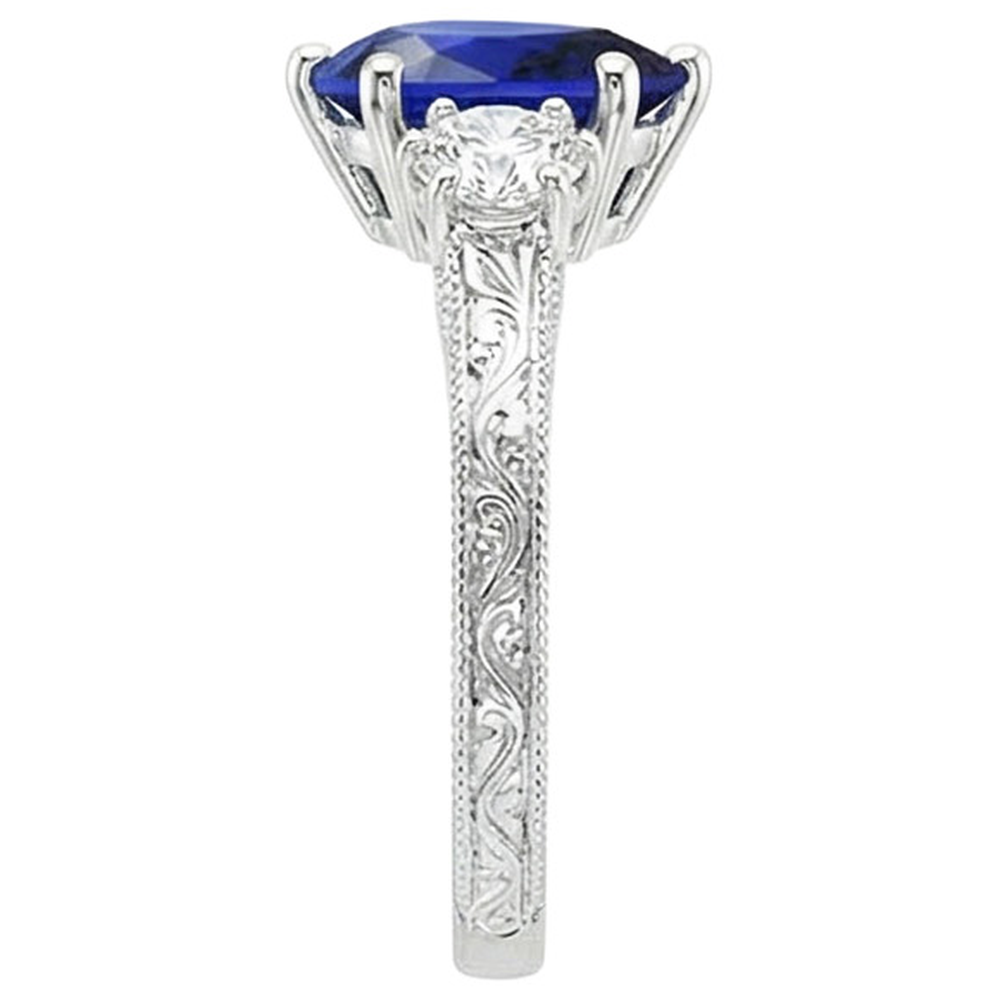 Three Stone Ring Antique Style Pear Blue Sapphire & Natural Earth Mined Diamonds 5 Carats