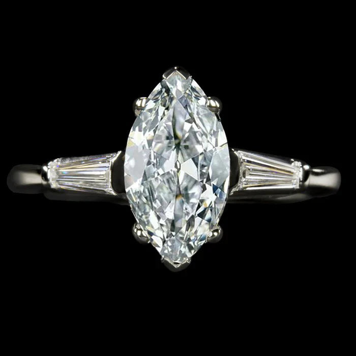 Three Stone Ring Baguette & Marquise Old Mine Cut Natural Diamond 4.50 Carats