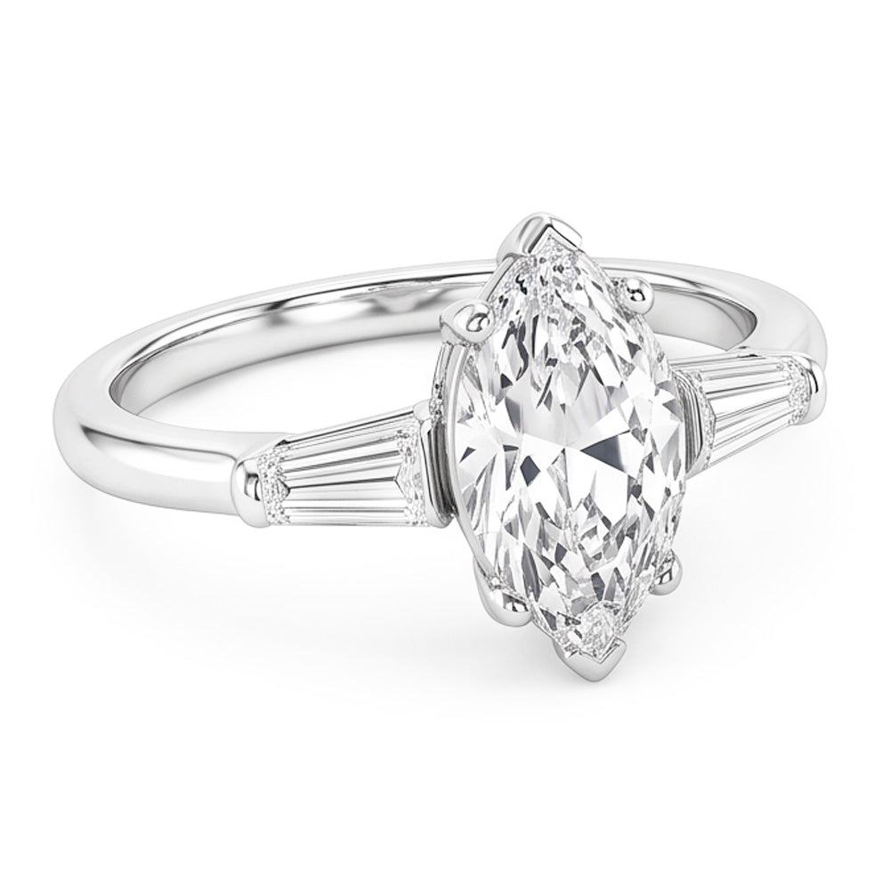 Three Stone Ring Baguette & Marquise Old Mine Cut Natural Earth Mined Diamond 4.50 Carats