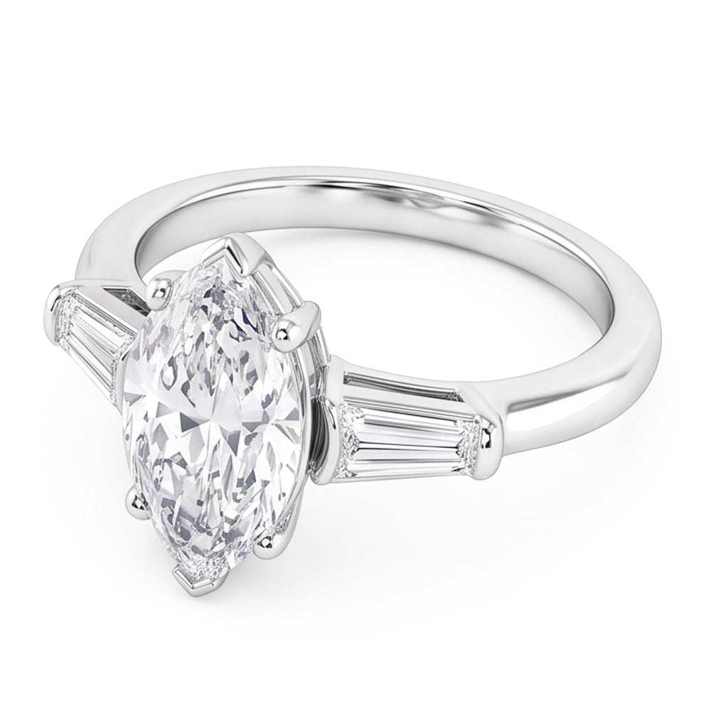 Three Stone Ring Baguette & Marquise Old Mine Cut Natural Earth Mined Diamond 4.50 Carats