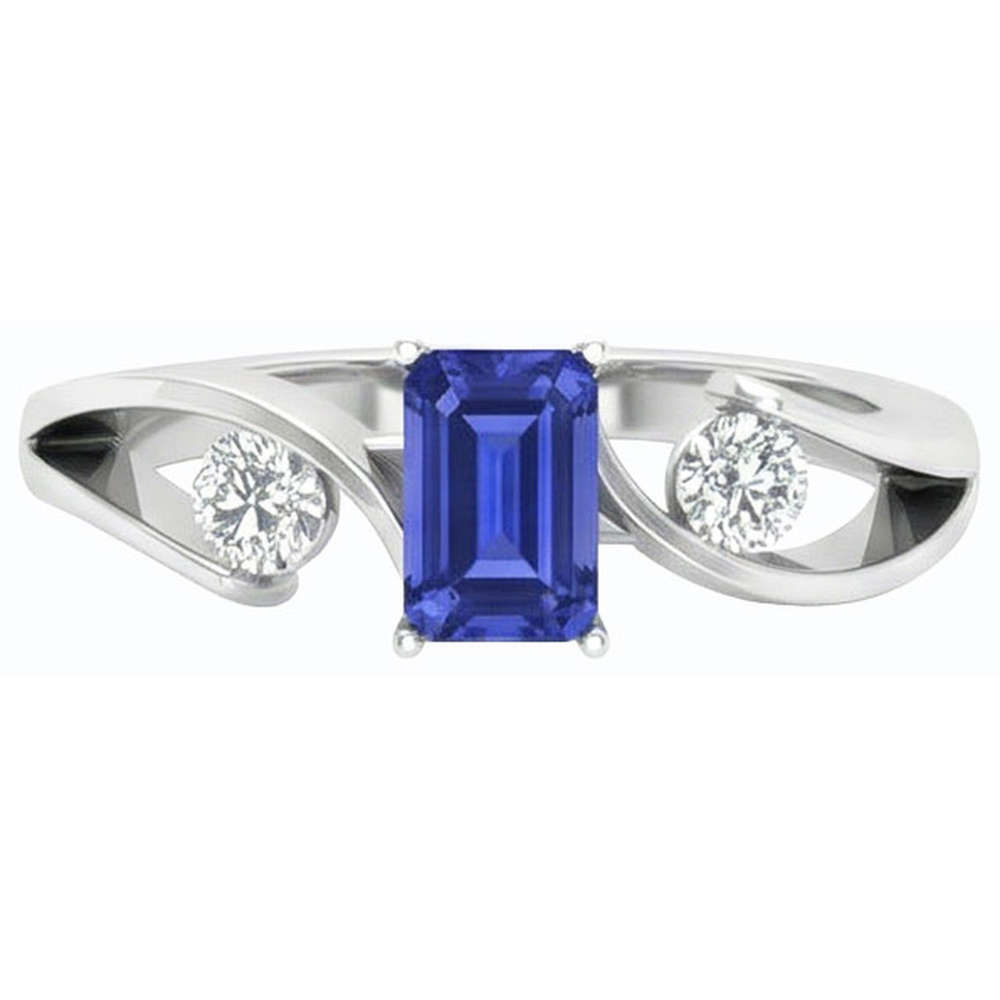 Three Stone Ring Emerald Ceylon Sapphire 1.75 Carats Bypass Style
