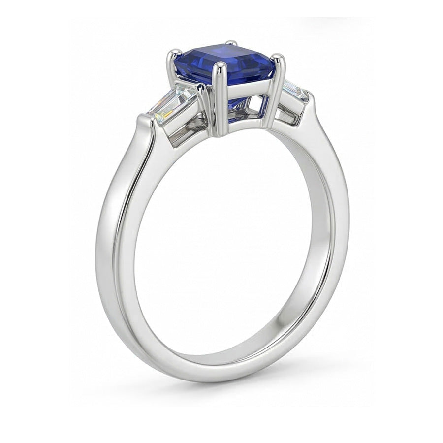 Three Stone Ring Emerald Sapphire & Tapered Baguette Natural Earth Mined Diamonds 3 Carats