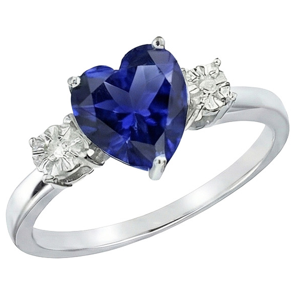 Three Stone Ring Heart Shape Blue Sapphire Round & Natural Earth Mined Diamonds 8 Carats