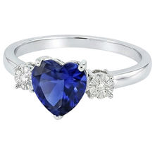 Three Stone Ring Heart Shape Blue Sapphire Round & Natural Earth Mined Diamonds 8 Carats