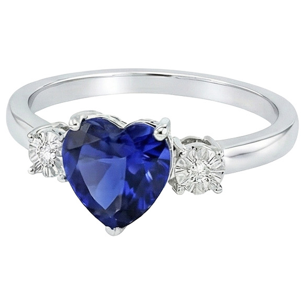 Three Stone Ring Heart Shape Blue Sapphire Round & Natural Earth Mined Diamonds 8 Carats