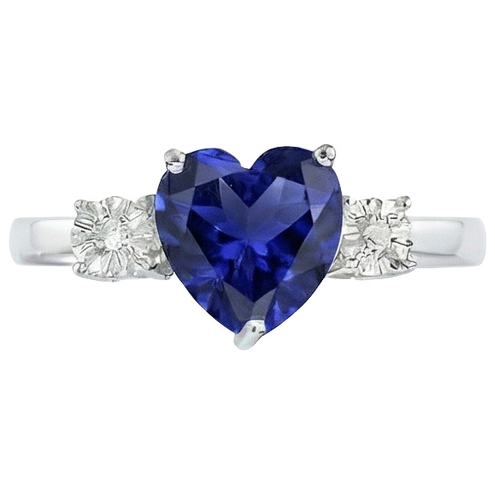 Three Stone Ring Heart Shape Blue Sapphire Round & Natural Earth Mined Diamonds 8 Carats
