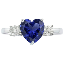 Three Stone Ring Heart Shape Blue Sapphire Round & Natural Earth Mined Diamonds 8 Carats