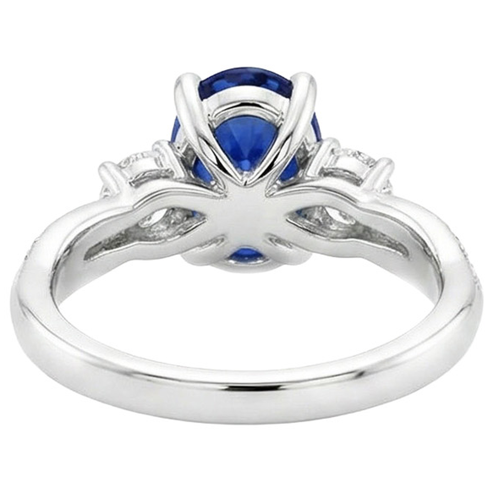 Three Stone Ring Oval Blue Sapphire & Round Natural Earth Mined DIAMOND ( NOT LAB GROWN ) Accents 4 Carats