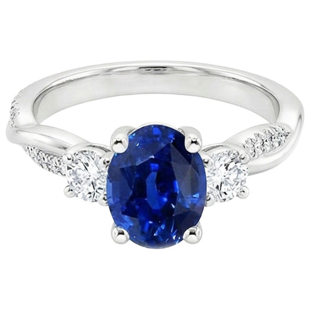 Three Stone Ring Oval Blue Sapphire & Round Natural Earth Mined DIAMOND ( NOT LAB GROWN ) Accents 4 Carats
