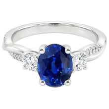 Three Stone Ring Oval Blue Sapphire & Round Natural Earth Mined DIAMOND ( NOT LAB GROWN ) Accents 4 Carats