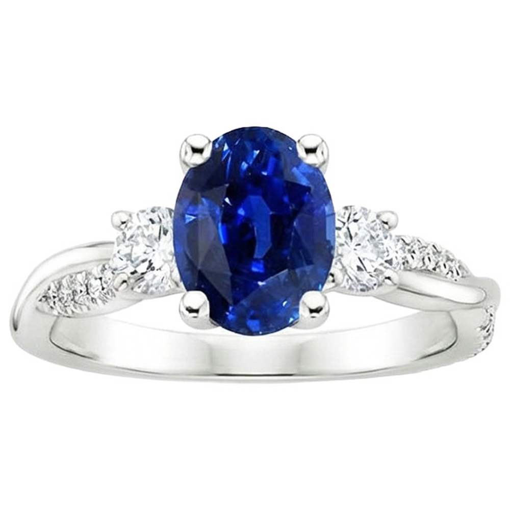 Three Stone Ring Oval Blue Sapphire & Round Natural Earth Mined DIAMOND ( NOT LAB GROWN ) Accents 4 Carats