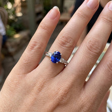 Three Stone Ring Oval Blue Sapphire & Round Natural Earth Mined DIAMOND ( NOT LAB GROWN ) Accents 4 Carats