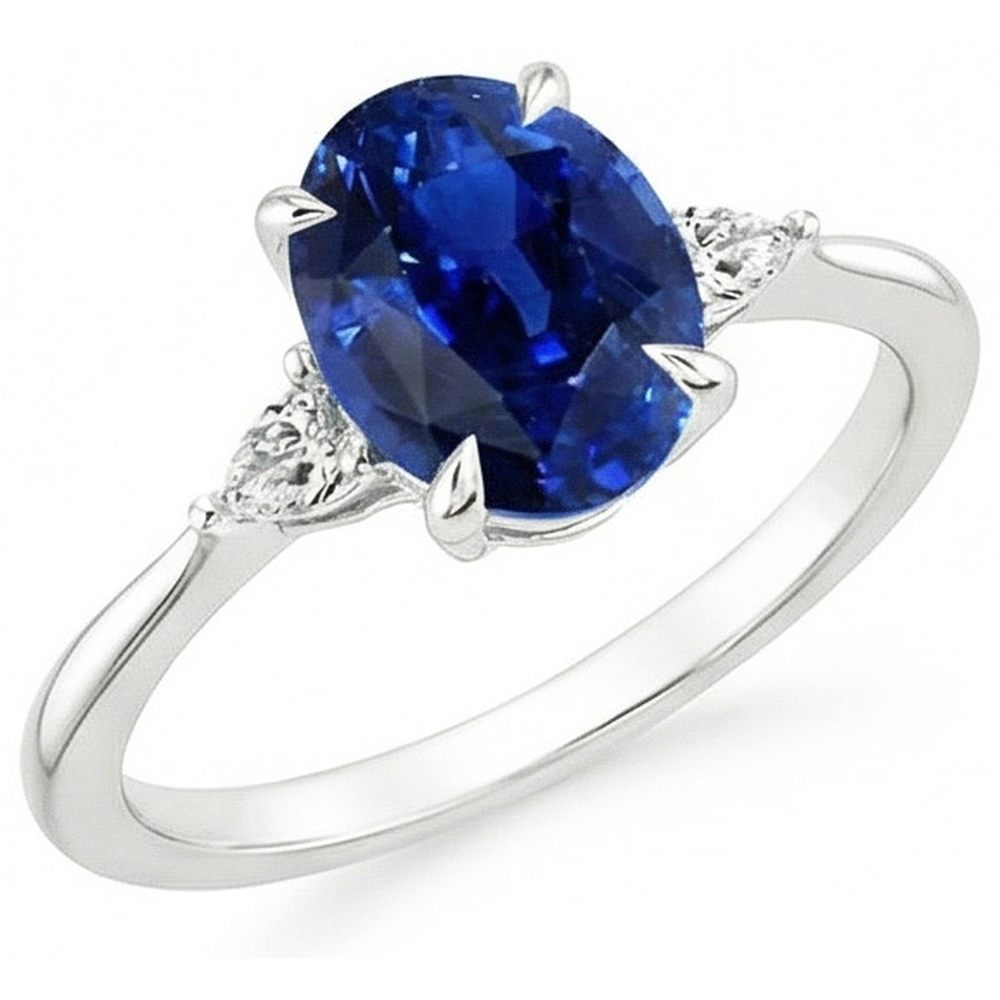 Three Stone Ring Oval Sri Lankan Sapphire & Pear Natural Earth Mined Diamonds 2.50 Carats
