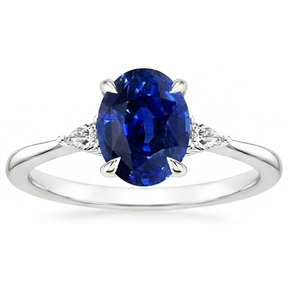 Three Stone Ring Oval Sri Lankan Sapphire & Pear Natural Earth Mined Diamonds 2.50 Carats