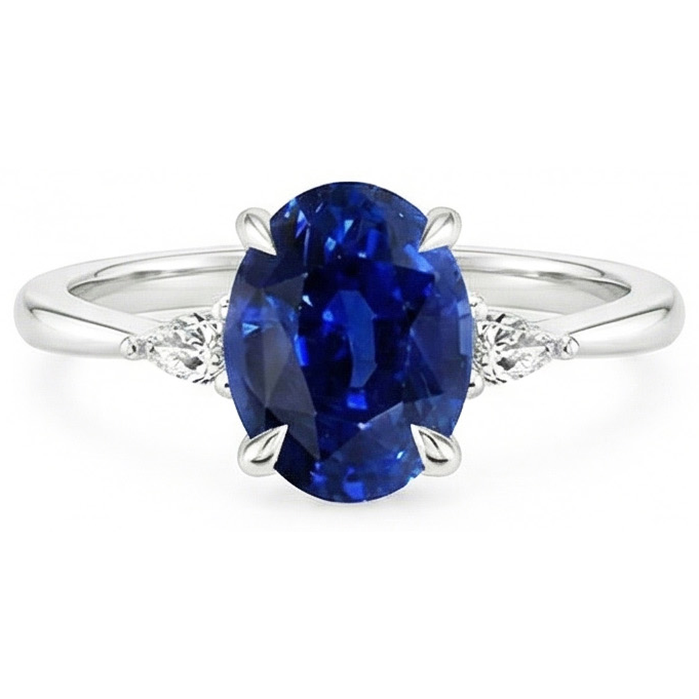 Three Stone Ring Oval Sri Lankan Sapphire & Pear Natural Earth Mined Diamonds 2.50 Carats
