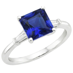 Three Stone Ring Princess Blue Sapphire & Baguette Natural Earth Mined Diamonds 5.25 Carat