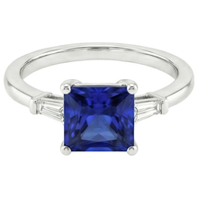 Three Stone Ring Princess Blue Sapphire & Baguette Natural Earth Mined Diamonds 5.25 Carat