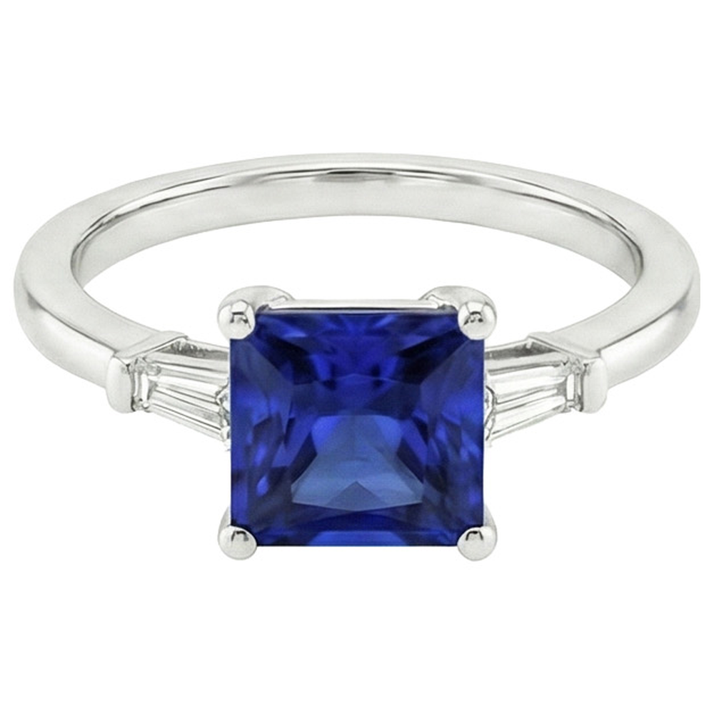 Three Stone Ring Princess Blue Sapphire & Baguette Natural Earth Mined Diamonds 5.25 Carat