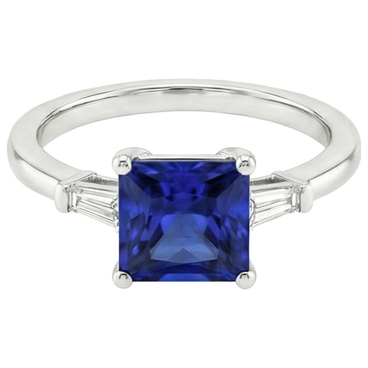Three Stone Ring Princess Blue Sapphire & Baguette Natural Earth Mined Diamonds 5.25 Carat