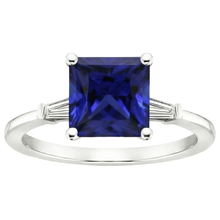 Three Stone Ring Princess Blue Sapphire & Baguette Natural Earth Mined Diamonds 5.25 Carat