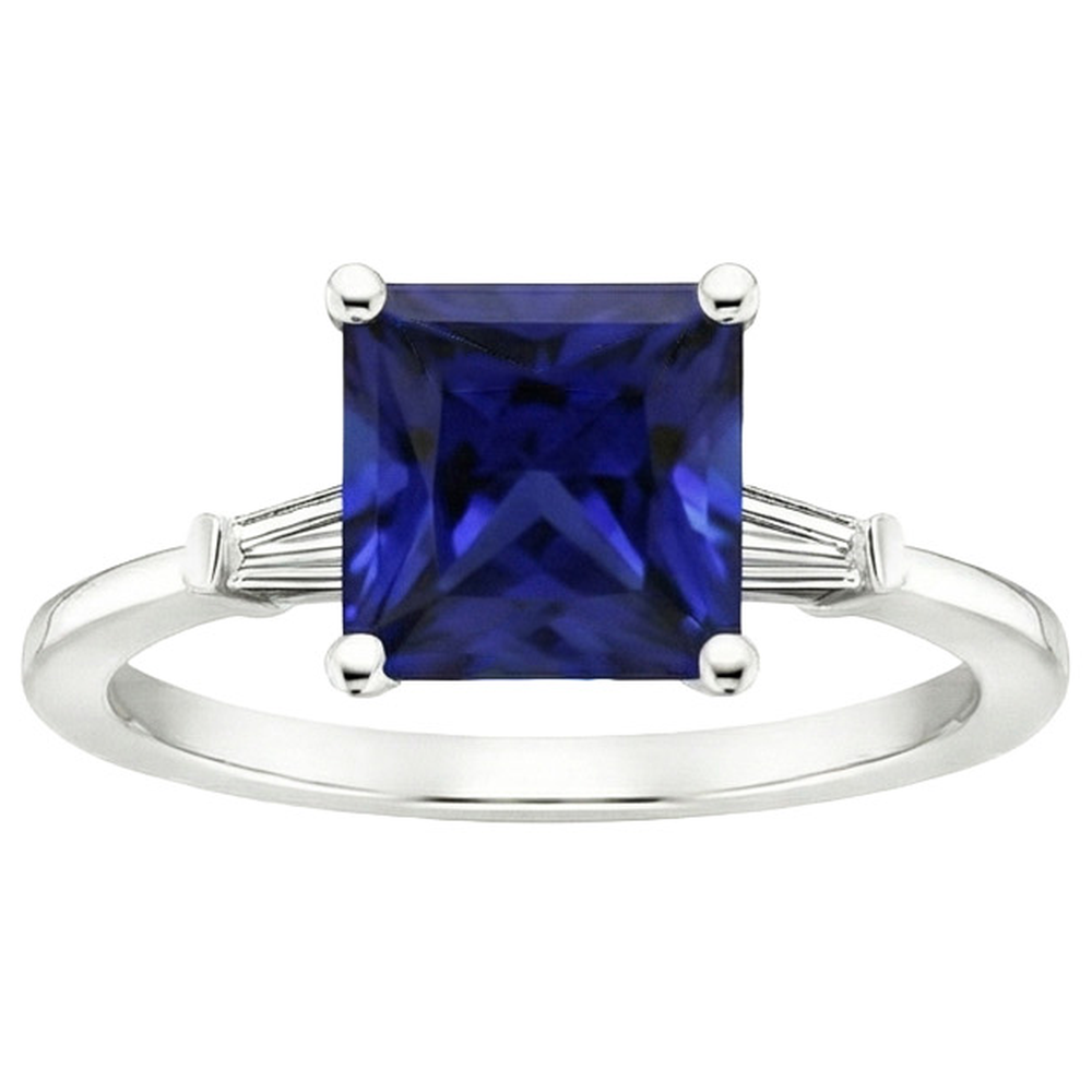 Three Stone Ring Princess Blue Sapphire & Baguette Natural Earth Mined Diamonds 5.25 Carat