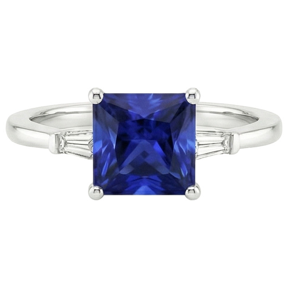 Three Stone Ring Princess Blue Sapphire & Baguette Natural Earth Mined Diamonds 5.25 Carat