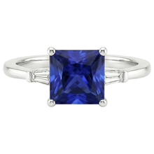 Three Stone Ring Princess Blue Sapphire & Baguette Natural Earth Mined Diamonds 5.25 Carat