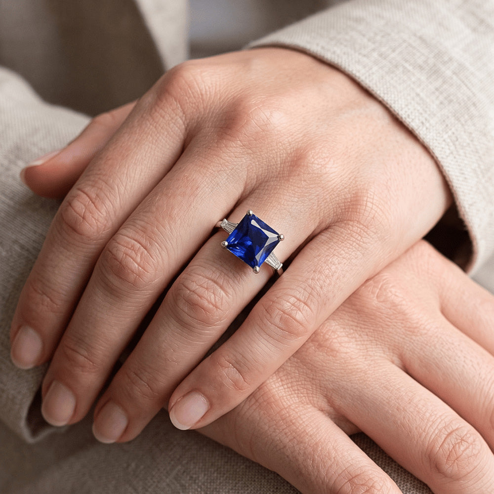Three Stone Ring Princess Blue Sapphire & Baguette Natural Earth Mined Diamonds 5.25 Carat