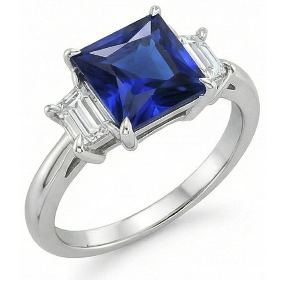 Three Stone Ring Princess Ceylon Sapphire and Natural Earth Mined Diamond 5.25 Carat