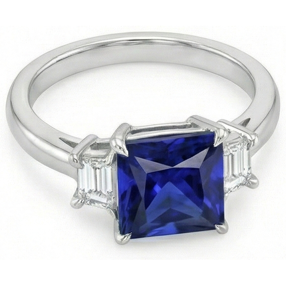 Three Stone Ring Princess Ceylon Sapphire and Natural Earth Mined Diamond 5.25 Carat