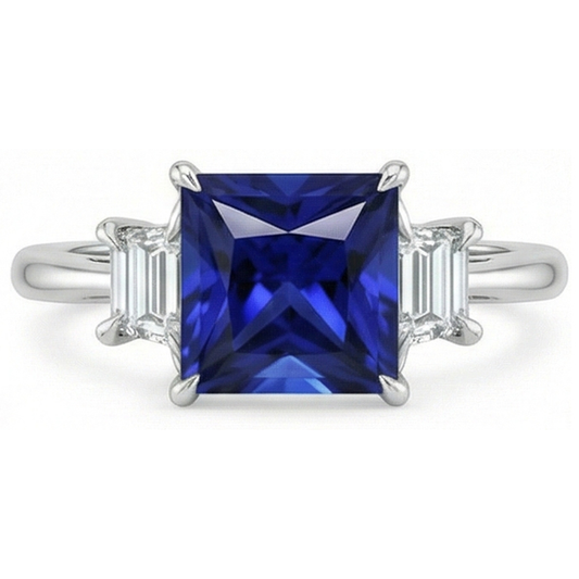 Three Stone Ring Princess Ceylon Sapphire and Natural Earth Mined Diamond 5.25 Carat