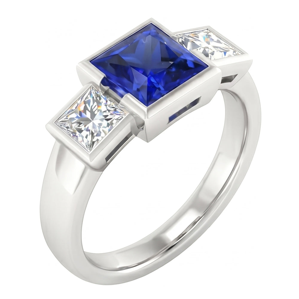 Three Stone Ring Princess Natural Earth Mined Diamond & Ceylon Sapphire Jewellery 2 Carats
