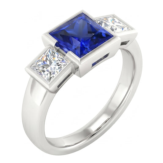 Three Stone Ring Princess Natural Earth Mined Diamond & Ceylon Sapphire Jewellery 2 Carats