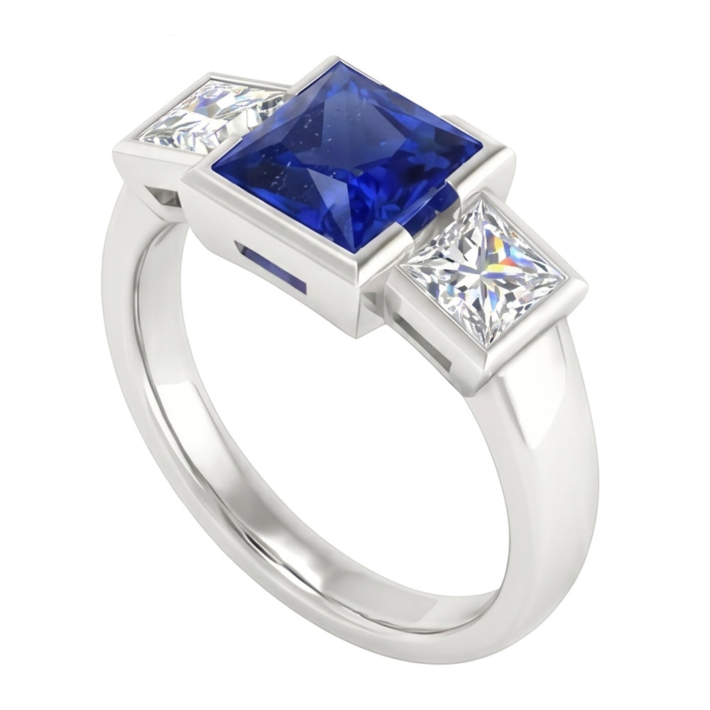 Three Stone Ring Princess Natural Earth Mined Diamond & Ceylon Sapphire Jewellery 2 Carats