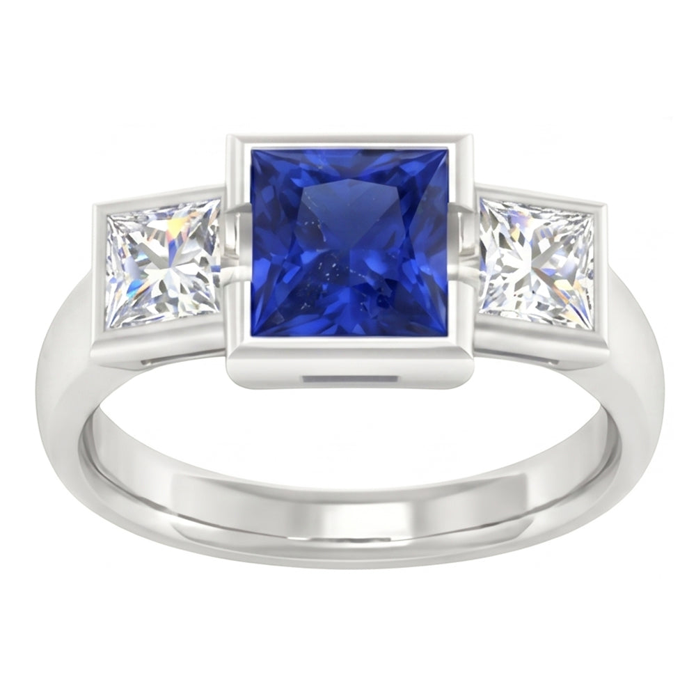 Three Stone Ring Princess Natural Earth Mined Diamond & Ceylon Sapphire Jewellery 2 Carats
