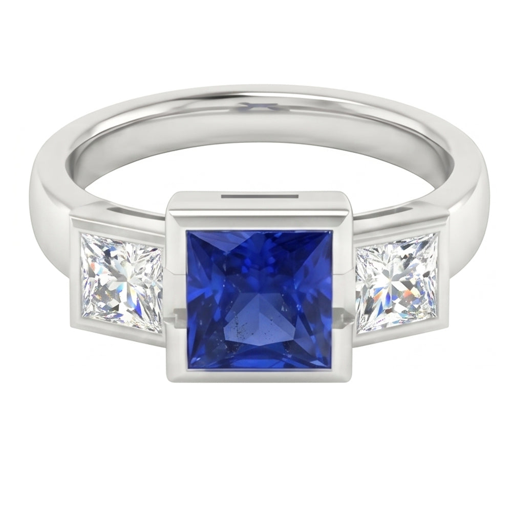Three Stone Ring Princess Natural Earth Mined Diamond & Ceylon Sapphire Jewellery 2 Carats