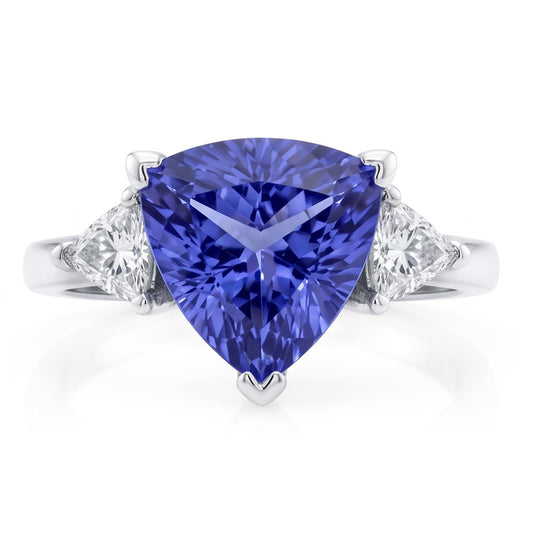 Three Stone Ring Trilliant Cut Blue Natural Earth Mined DIAMOND ( NOT LAB GROWN ) Gemstone 6.5 Carats WG 14K