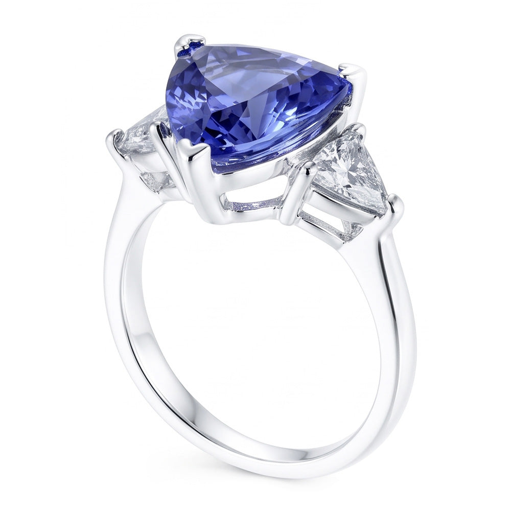 Three Stone Ring Trilliant Cut Blue Natural Earth Mined DIAMOND ( NOT LAB GROWN ) Gemstone 6.5 Carats WG 14K
