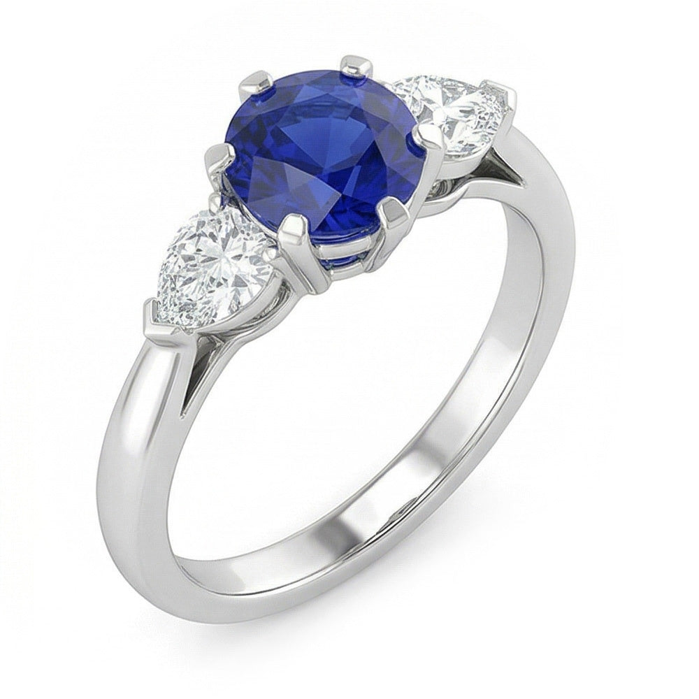 Three Stone Round Blue Sapphire Ring & Pear Natural Earth Mined Diamonds 1.25 Carats