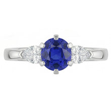 Three Stone Round Blue Sapphire Ring & Pear Natural Earth Mined Diamonds 1.25 Carats